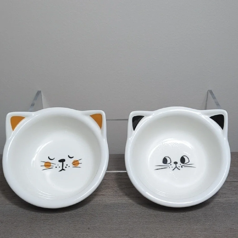 Vtg Cat Face Ceramic Pet Bowls Trinket Trays White Black Retro Heavy Duty Pair 2